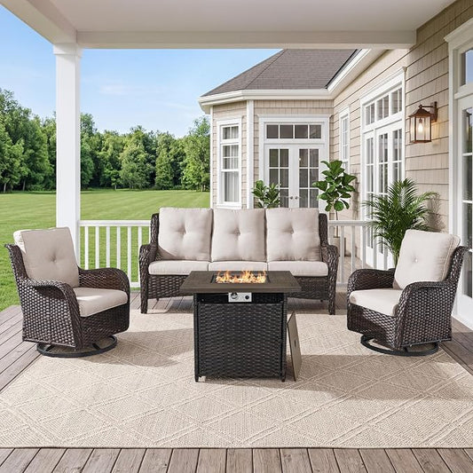 Belord 4 Piece Patio Wicker Furniture Set, Outdoor Swivel Rocker Chairs, All Weather Outdoor Patio Couch with Fire Pit Table for Deck Porch, Brown Wicker/Beige