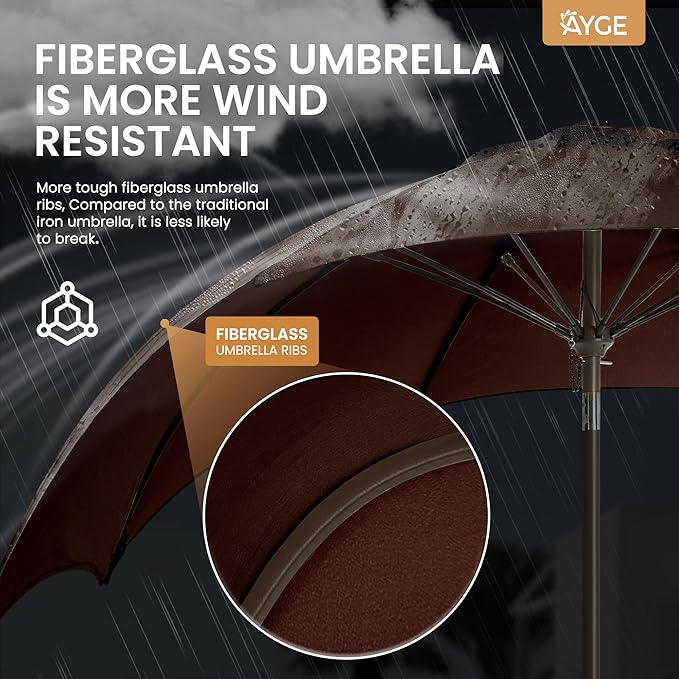 Ayge 7.5FT Large Outdoor Patio Umbrella Market Table Umbrella-UV Resistant, Easy Push Button Tilt and Crank, 6 Sturdy Fiberglass Ribs Heavy-Duty Pool Umbrella for Deck, Backyard,Garden, Yard,Brown