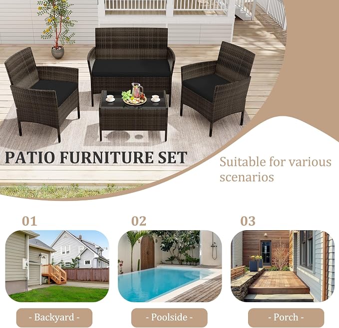 4 Piece Patio Furniture Set, Sectional Conversation Sofa Set with Glass Coffee Table, Cushions & Loveseat, Wicker Outdoor Table and Chairs for Pool, Garden, Deck, Backyard (2, Black)