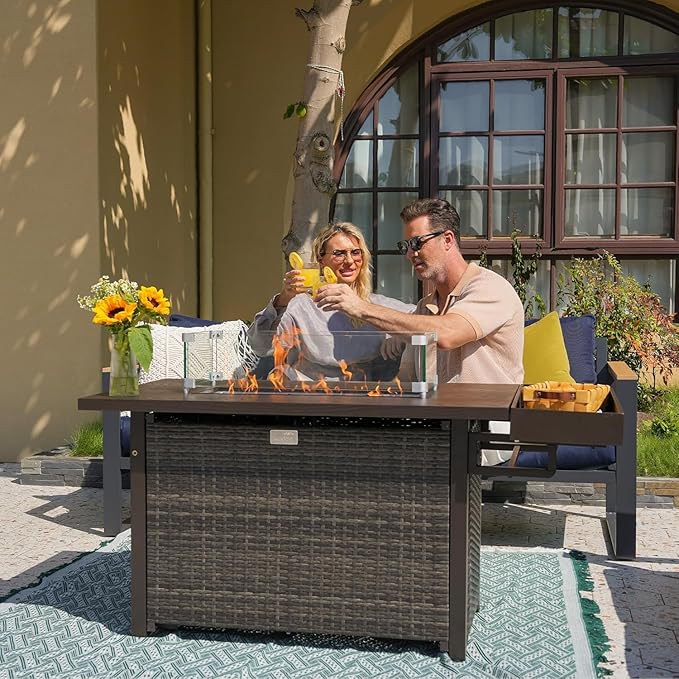 Sundale Outdoor Aluminum Patio Furniture Set, 4 Piece Outdoor Conversation Sets with Fire Pit, Ottoman and Washable Thick Cushions, All Weather Outdoor Sectional Set for Deck, Lawn (Navy Blue)