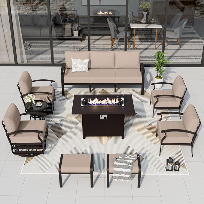 ALAULM Aluminum Patio Furniture Set with Propane Fire Pit Table 9-seat Metal Outdoor Furniture w/Swivel Chairs Patio Sectional Sofas w/2 Ottomans for Porch, Backyard, Poolside-Sand