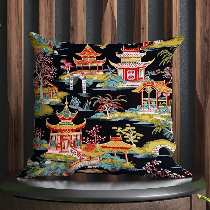 Pillow Cover Chinoiserie Charcoal Coral Pagoda Asian Pillows Classic Chinoiserie Chic Asian Pillow Cover Accent Decorative Cushion Covers Home Decor for Patio Furniture Porch 18x18 in