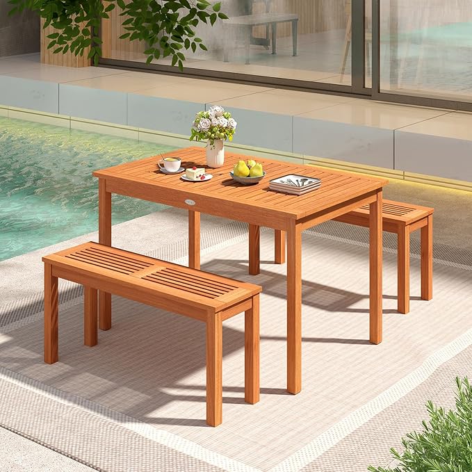 Tangkula 48 Inches Wood Outdoor Dining Table for 4-6 People, Rectangular Patio Table with Slatted Tabletop, Outside Dining Furniture for Lawn, Garden and Backyard
