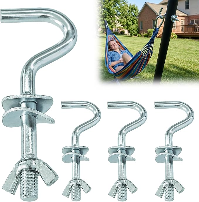 4 Pack Heavy Duty Hammock Hooks, Galvanized Metal Replacement Hardware for Hammock Stand, Fits 1-1/4 to 2 Inch Poles, 3/8 Inch Diameter S-Hooks for Indoor Outdoor Patio Swing & Chair （Silver）