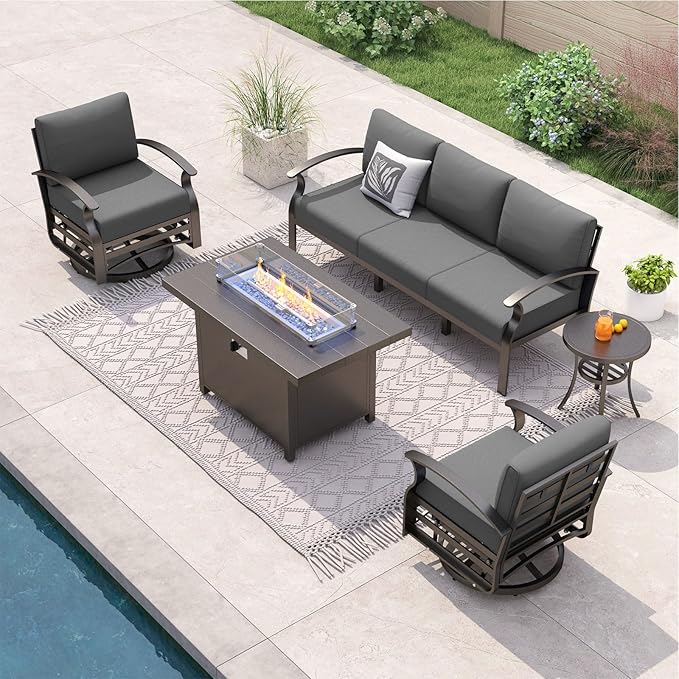 ALAULM Aluminum Patio Furniture Set with Propane Fire Pit Table 5-seat Metal Outdoor Furniture w/Fire Pit Patio Sectional Sofas w/5.1" Cushions for Patio, Backyard, Poolside-Grey