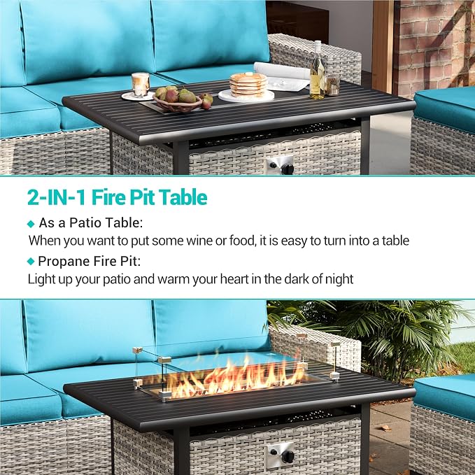 14-Piece Outdoor Patio Furniture Set with Rocking Swivel Chair, Wicker Rattan Sectional Sofa Conversation Set with 55,000 BTU Fire Pit Table, Backyard Furniture, Turquoise