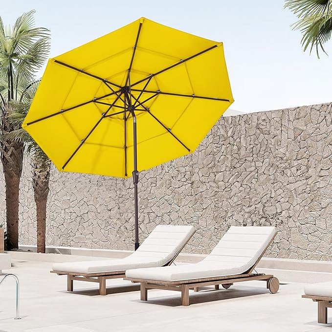 JEAREY 9FT 3 Tier Patio Umbrella Outdoor Market Umbrella Table Umbrellas with 8 Ribs 1.5 Pole Push Button Tilt and Crank UV Protection for Garden,Backyard,Yellow