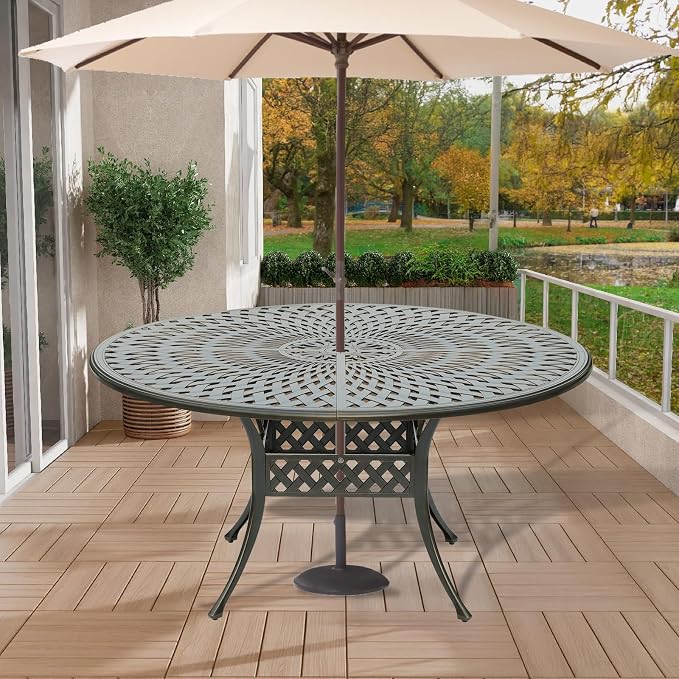 61" Large Outdoor Dining Table with 2" Umbrella Hole, Cast Aluminum Outdoor Patio Dining Table for 8 Person, All Weather Large Round Patio Table for Garden Lawn Backyard, Dark Bronze