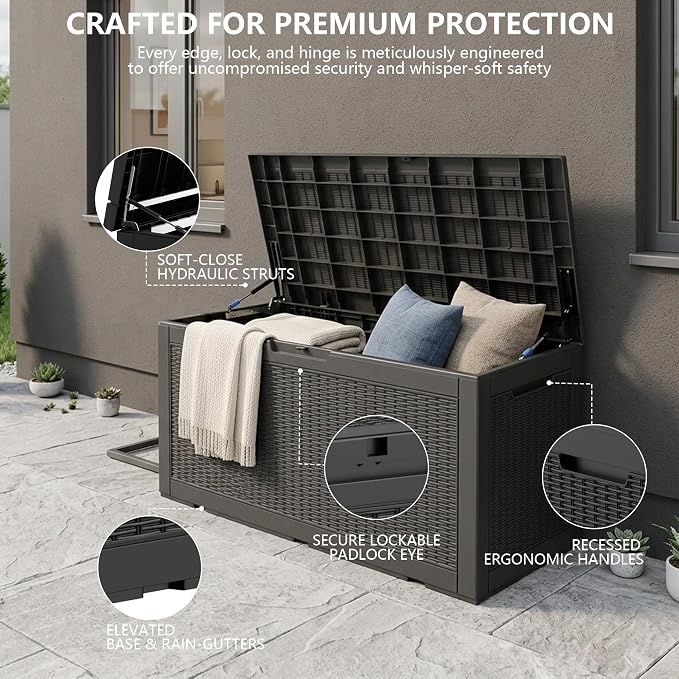 Outdoor Storage Box, 110 Gallon Waterproof Deck Box [Upgraded 3.0], Auto-Open Gas Struts Resin Organizer for Lounger Pillows, Secure Lockable Backyard Storage Bench, Poolside Deck, Black
