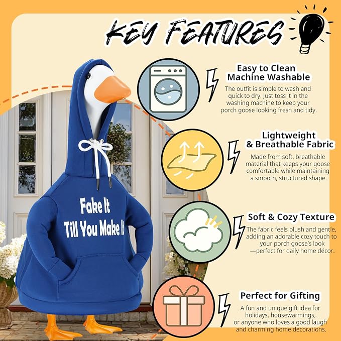 Porch Goose Hoodie Outfits for 23 Inch Porch Goose & Duck Statues, Classic Hoodie Goose Clothes for Concrete Geese, Funny and Inspirational Goose for Front Porch Garden Yard Decor