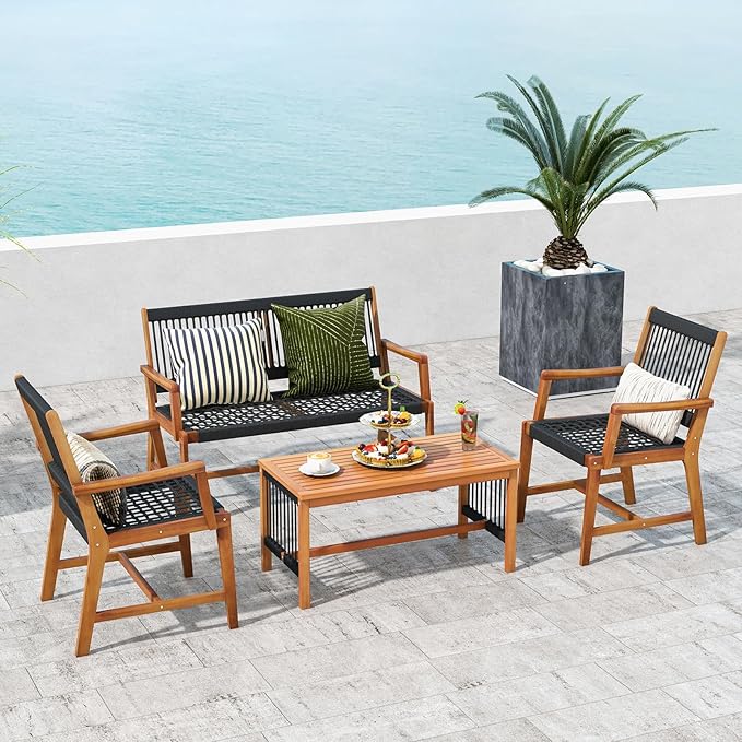 HAPPYGRILL 4 Pieces Patio Furniture Set Acacia Wood Conversation Set with Hand-Woven Rope Design, Ergonomic Loveseat & Single Chairs, Wooden Chair & Table Set for Porch Yard Poolside