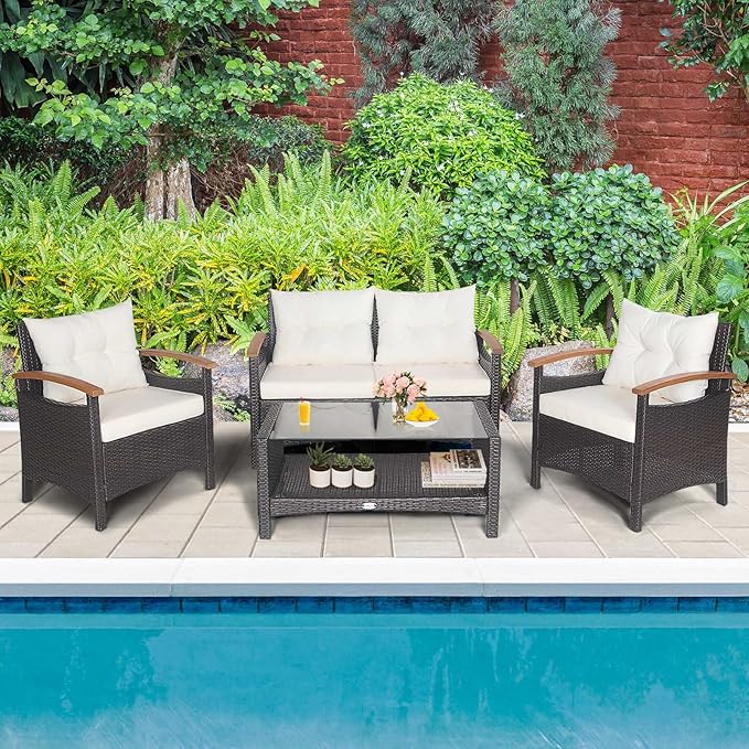 Tangkula 4 Piece Patio Rattan Conversation Set, Outdoor Wicker Sofa Set W/2-Layer Coffee Table, Backrest & Seat Cushions, Acacia Wood Curved Armrests, Suitable for Poolside, Backyard, Deck (1, White)