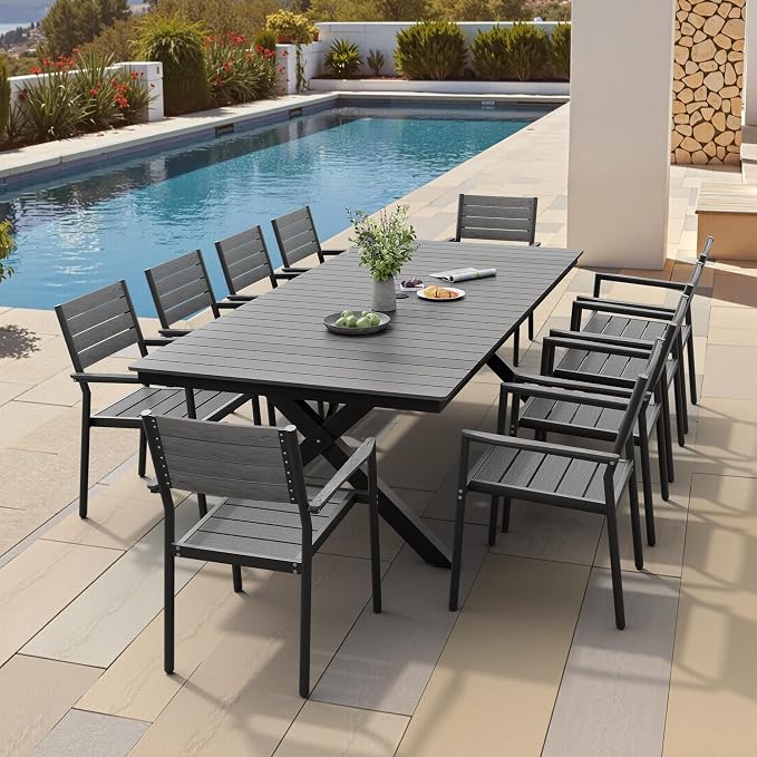 Pellebant 11 Piece Patio Table and Chairs Set for 10, Aluminum Outdoor Dining Set with Umbrella Hole, Stackable Dining Chairs & 94" Dining Table, Grey(TD063)