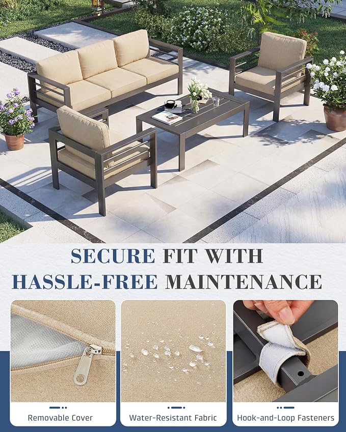 AECOJOY Aluminum Patio Furniture Armchair with Ottoman, Set of 2, Modern Outdoor Furniture with Washable 5 inch Thick Cushion, Beige
