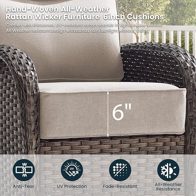 Luxury 6-Inch Cushion Patio Furniture Set with 41" Fire Pit Table, High Back Swivel Rocker Patio Chairs with Outdoor Couch, Outdoor Wicker Conversation for Deck Porch Garden Balcony Poolside