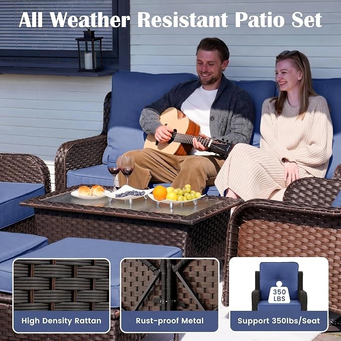 Sundale Outdoor Wicker Patio Furniture Set with Fire Pit, 5 Piece All Weather Outdoor Furniture Set with Swivel Chairs & Couch, High Back Patio Conversation Sets with 6" Cushions for Yard, Deck (Blue)