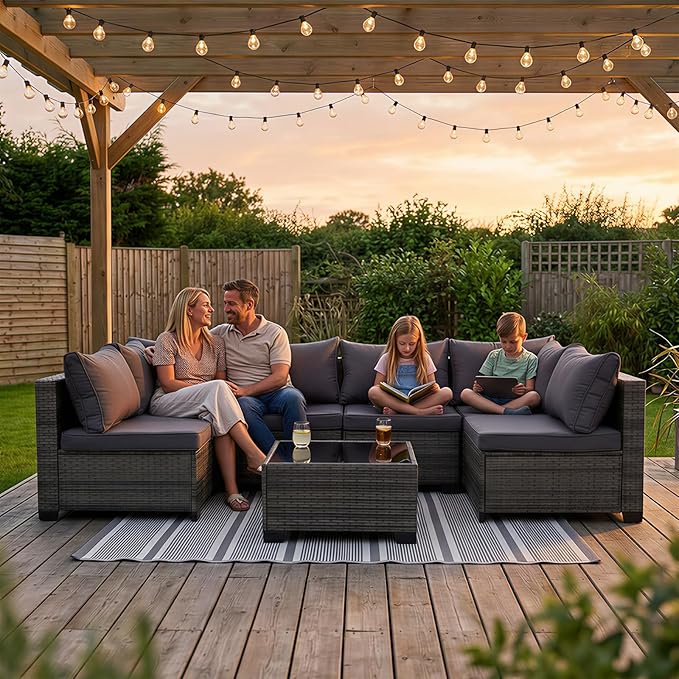 7-Piece Outdoor Wicker Furniture Set, PE Rattan Sectional Sofa with Coffee Table, All-Weather Patio Conversation Set with Thick Cushions for Backyard (Gray)