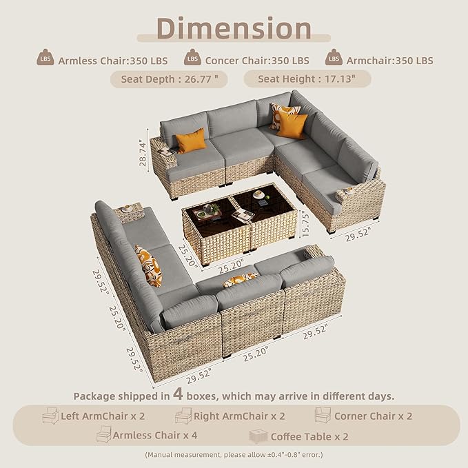 Patio Furniture Sets 12 Pieces Outdoor Sectional Rattan Sofa Manual Weaving Wicker Patio Conversation Set with Ottomans and T Cushion(Dark Gray)