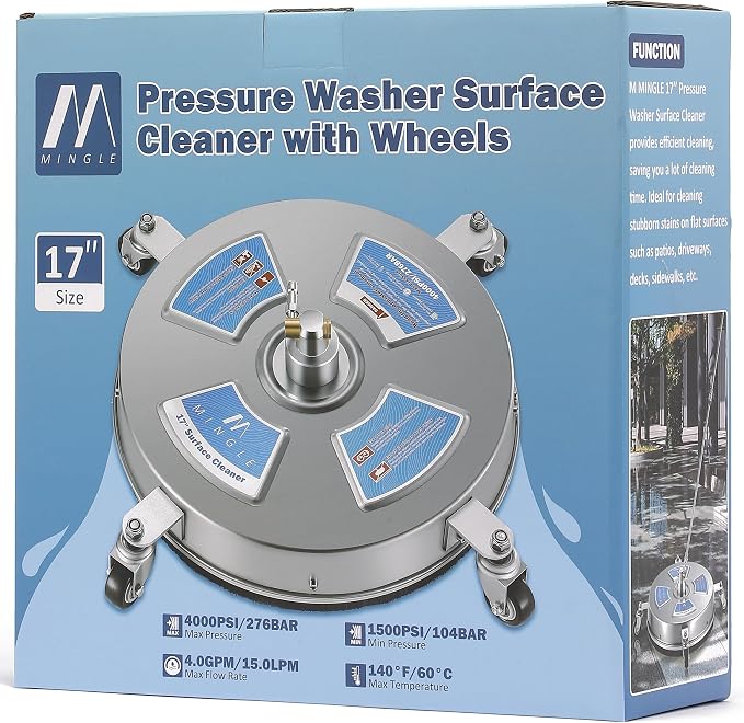 M MINGLE 17'' Pressure Washer Surface Cleaner for Patios and Sidewalks | Driveway Pressure Washer Attachments with 2 Power Washer Replacement Wands, 1/4" Quick Connect, 4000 PSI