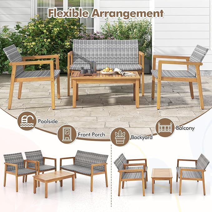 Tangkula 4 Pieces Outdoor Furniture Set, Acacia Wood Frame Sofa Set w/Rattan Seat & Back, Patio Conversation Set w/Coffee Table for Balcony, Poolside, Backyard (Mix Gray)