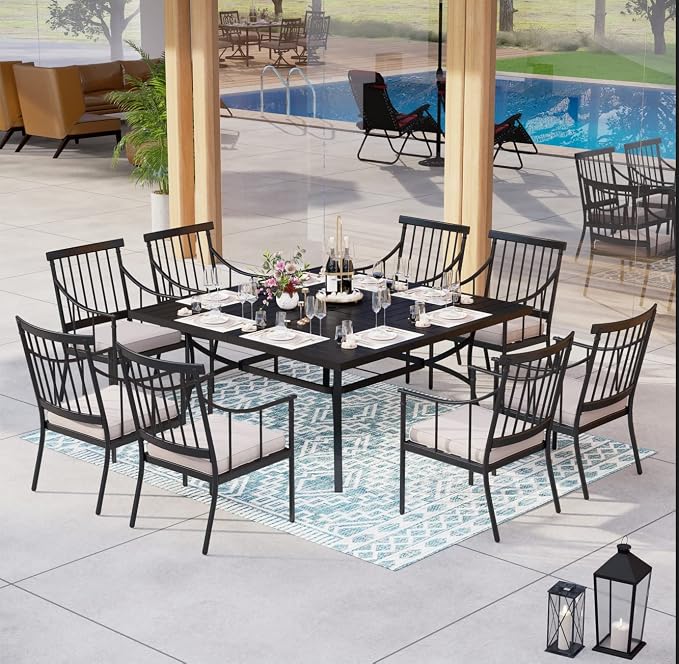 MFSTUDIO 9 PCS, Patio Dining Set, 60"x60", Square Metal Table | 8 Cushions Metal Armchairs, 1.57" Umbrella Hole, Steel, Weather resistant, Removable cushions