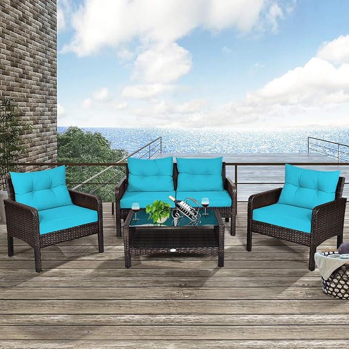 COSTWAY 4-Piece Patio Furniture Set, Sectional Wicker Rattan Sofa Chair with Cushion, Loveseat, Coffee Table with Tempered Glass and Shelf, Outdoor Conversation Sets for Poolside Porch (Turquoise)