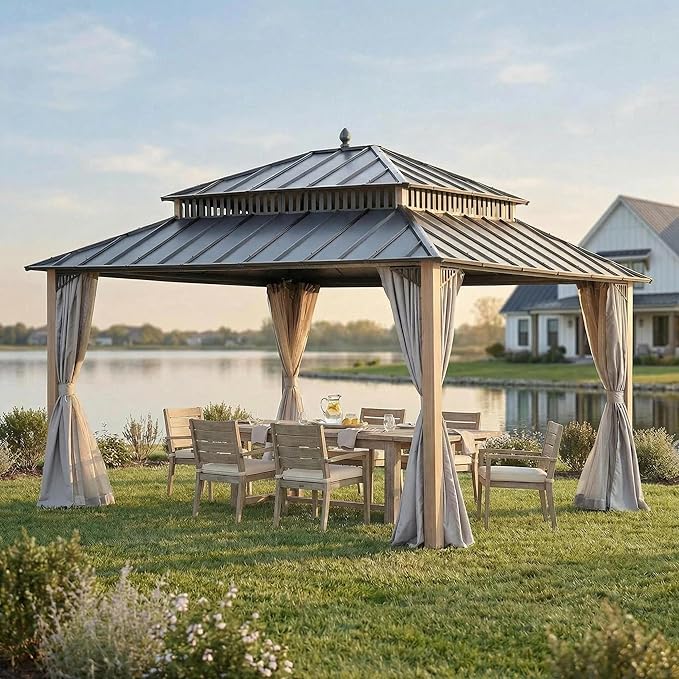 SUNJOY Kingston 14' x 12' Hardtop Gazebo with Curtain, Netting and Galvanized Steel Double Roof, Woodgrain Finish Aluminum Posts Permanent Pavilion Gazebo for Garden, Patio, Deck, Lawn