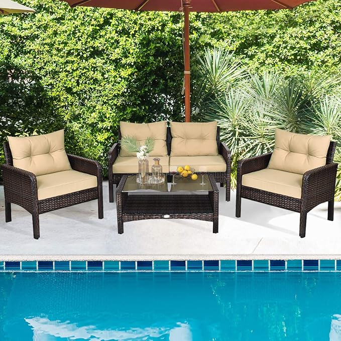 HAPPYGRILL 4-Piece Patio Furniture Outdoor Rattan Wicker Sofa Set with Cushions & Coffee Table with Tempered Glass Table Top and Storage Shelf