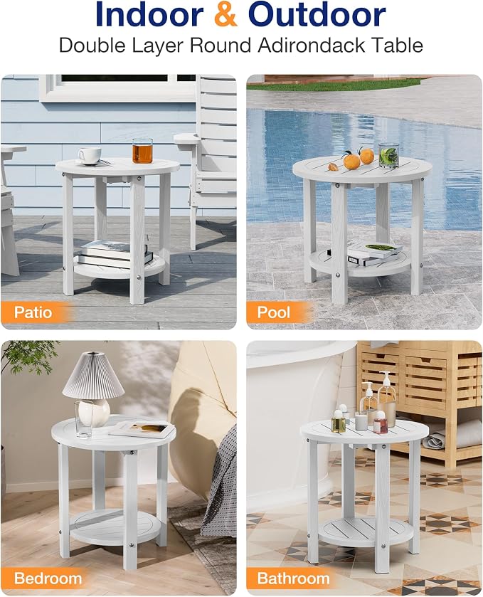 YEFU Outdoor Side Table for Patio: 16in HIPS Small Round Outdoor End Table - 2-Tier Adirondack Tables for Patio Porch Yard Poolside Living Room Beach Bedroom (White, 1 Pack)
