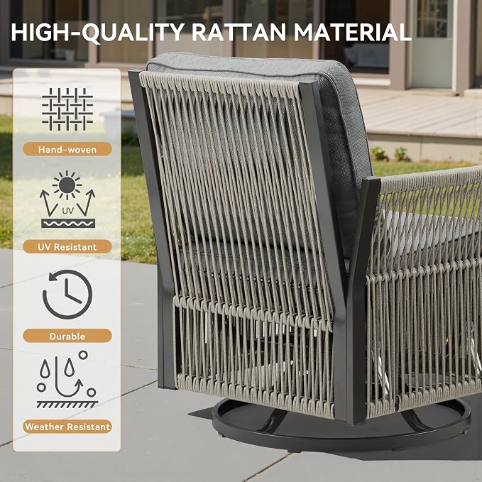 Patio Furniture Set Outdoor/Indoor, Wicker Patio Sofa, 5pcs Furniture Set with Swivel Rocker Chairs, Side Table, and Ottomans for Backyard, Garden, Poolside(Grey)