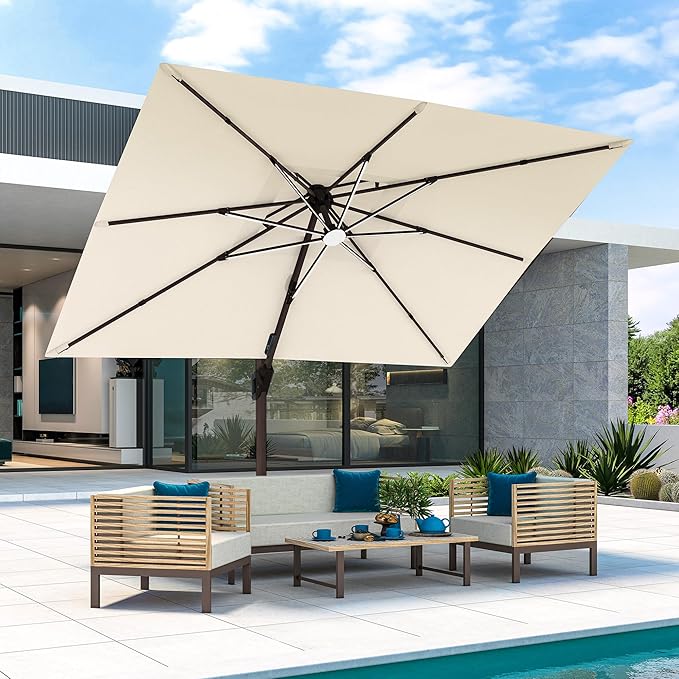 JZAC & QZYD 9x12 FT Outdoor Cantilever Patio Umbrella with LED Lights, Large Heavy Duty 2-Tier Aluminum Offset Umbrellas with 360-Degree Rotation for Pool Deck, Beige