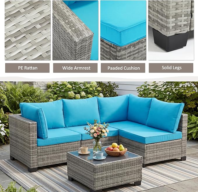 ANJ 7 Piece Outdoor Wicker Patio Furniture Set, Modular Loveseat Sofa with with Glass Top Coffee Table, All-Weather Rattan Conversation Couch Set for Balcony, Backyard, Light Grey Wicker-Turquoise