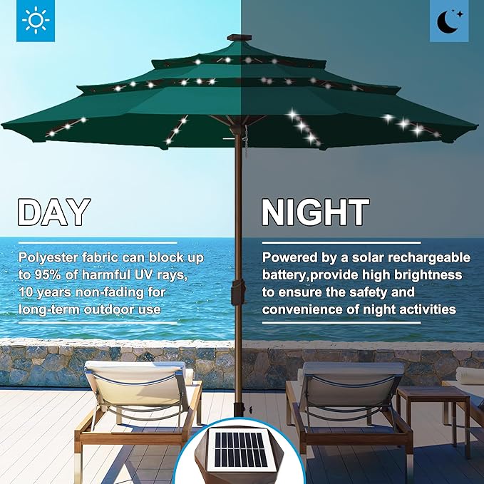 Eurmax USA 10-Year-Non-Fading 10FT 3-Tier Outdoor Patio Market Umbrella with LED Lights,UPF50+ UV Resistant,Commercial Grade,Crank Lift Design,Windproof Vented Top for Garden,Pool,Deck,Forest Green