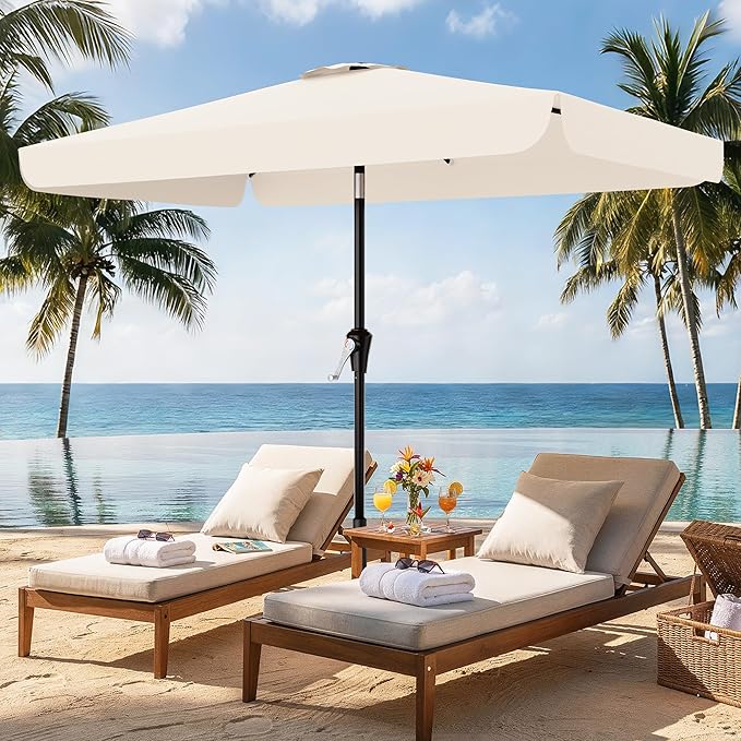 AreShark 6.5 x 10 FT Rectangular Valance Patio Umbrella, Outdoor Umbrella with Tilt and Crank, Market Table Umbrellas W/ 6 Ribs UV Protection for Garden, Deck, Backyard Pool, Cream White