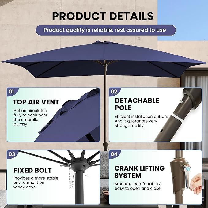 Ayge 8x10FT Large Rectangular Patio Umbrella Outdoor Table Umbrella w/Crank Rectangle Market Umbrella UV Protection for Garden, Deck,Lawn,Yard & Pool, Navy blue