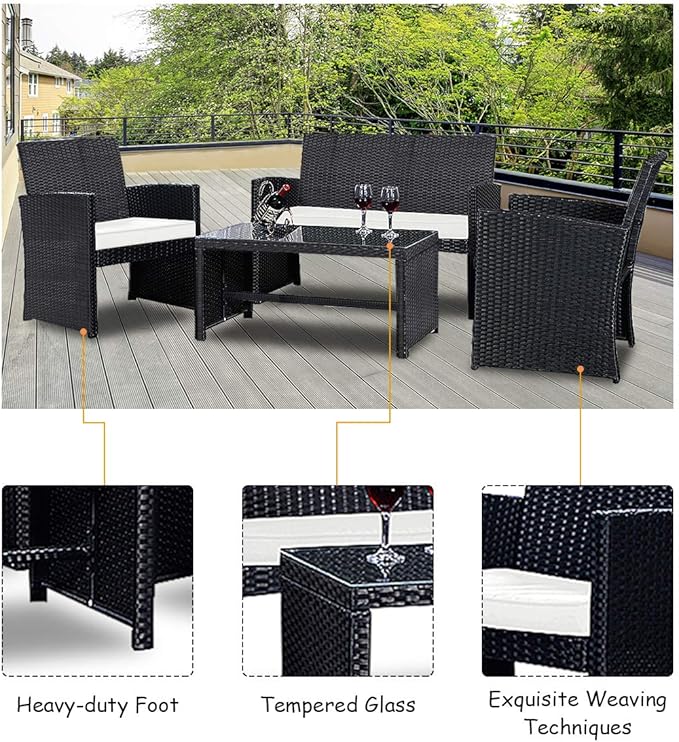 Tangkula 4PCS Patio Furniture Set with Coffee Table, Chairs, Cushions & Loveseat for Garden Balcony Backyard Chat Set Durable Handwoven Rattan Wicker Outdoor Patio Conversation Set, Black