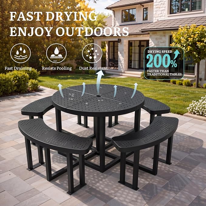 YITAHOME 38" Round Metal Picnic Table with Umbrella Hole, Q235 Carbon Steel Heavy Duty Outdoor Table, Black Industrial Patio Set for Backyard, Park, and Lawn