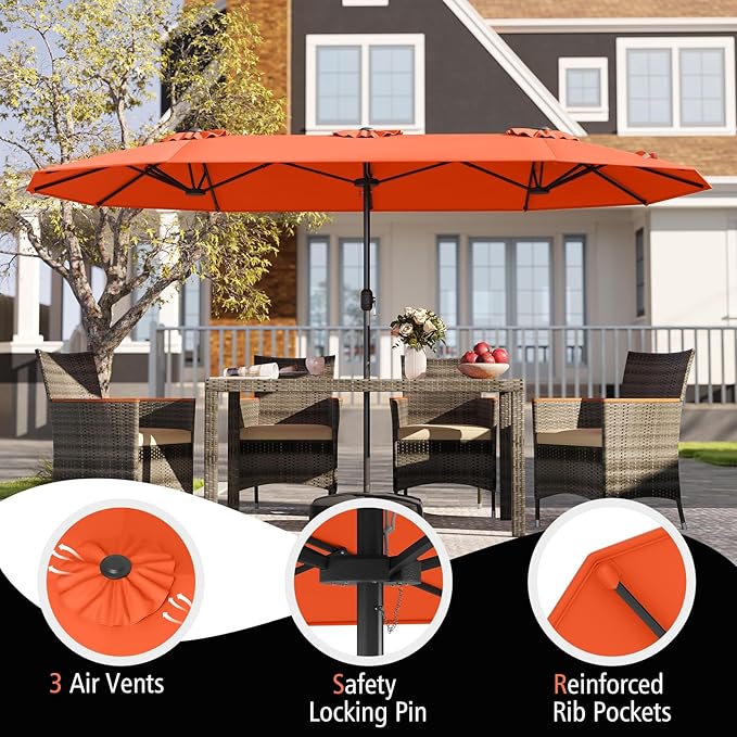 Tangkula 13FT Double-sided Patio Umbrella, Extra Large Twin Table Umbrella with Crank Handle, Umbrella Base, Safety Lock, Air Vent, Outdoor Market Umbrella for Garden Pool Backyard (Orange)