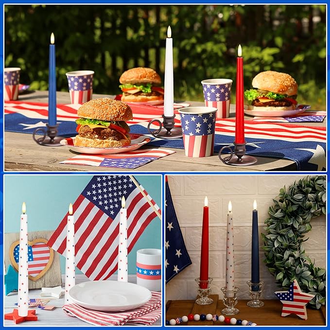 Red White and Blue Star Candles, Flameless Taper Candles with 3D Wick, Real Wax 4th of July Flameless Candles with Remote, 9.6" Battery Operated Patriotic Led Candlesticks, 3 Pack