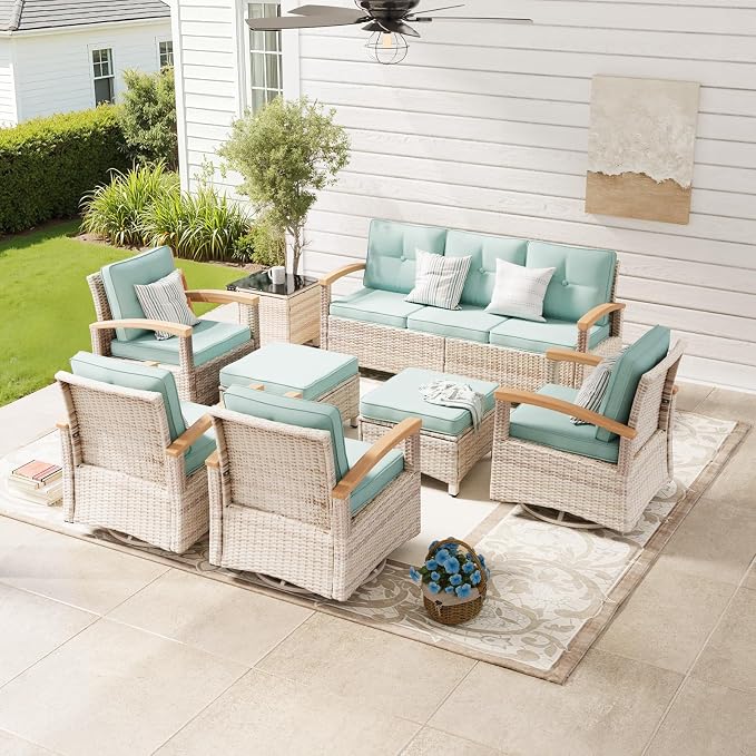 MEISSALIVVE 8 Pieces Outdoor Patio Furniture Sets, Wicker Patio Conversation Sets with 2 Wood Armrests Swivel Glide Chairs,2 Single Chairs, 3-seat Sofa (Blue)
