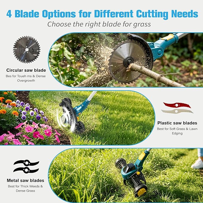 Electric Weed Wacker Compatible with DEWALT 20V MAX Battery, Electric Weed Cordless Eater with 4 Types Blades, Brushless Brush Cutter/Lawn Edger/Mower/Grass Trimmer for Yard Garden(No Battery)