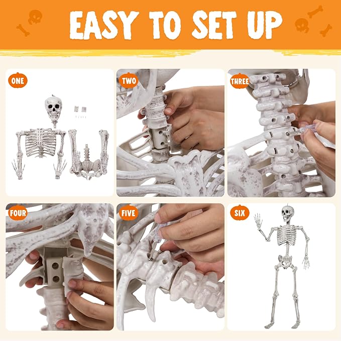 JOYIN 5.6 FT Halloween Posable Life Size Skeleton Full Body Realistic Bones with Movable Joints for Halloween Indoor and Outdoor Decoration Props Spooky Scene Party Decorations (White)