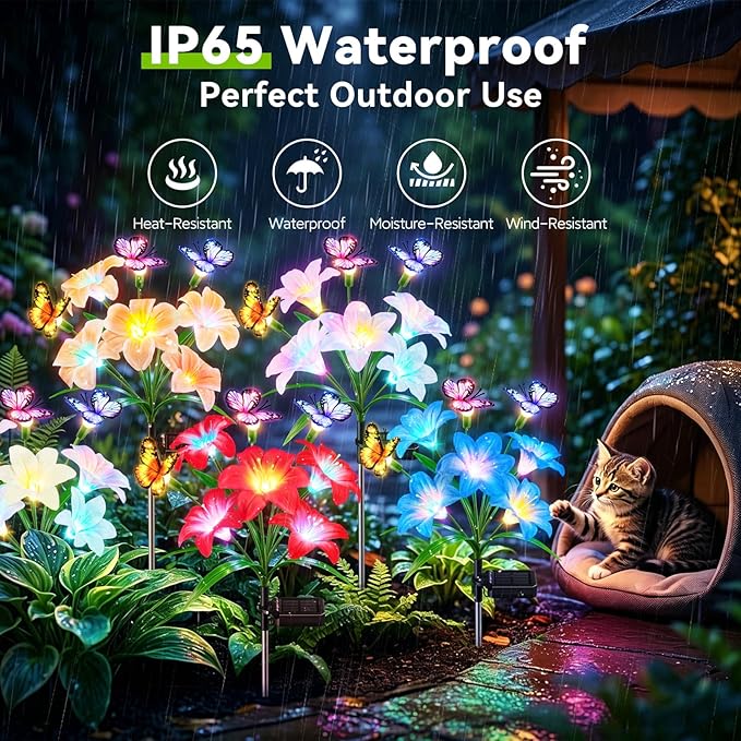 Solar Garden Lights Outdoor, 4 Pack Lily Solar Flowers with Butterfly, 32 LED 800mAh Waterproof Solar Flowers for Outside, 7 Color Changing Adjustable Stems for Yard Patio Garden Decor, Gift for Mom