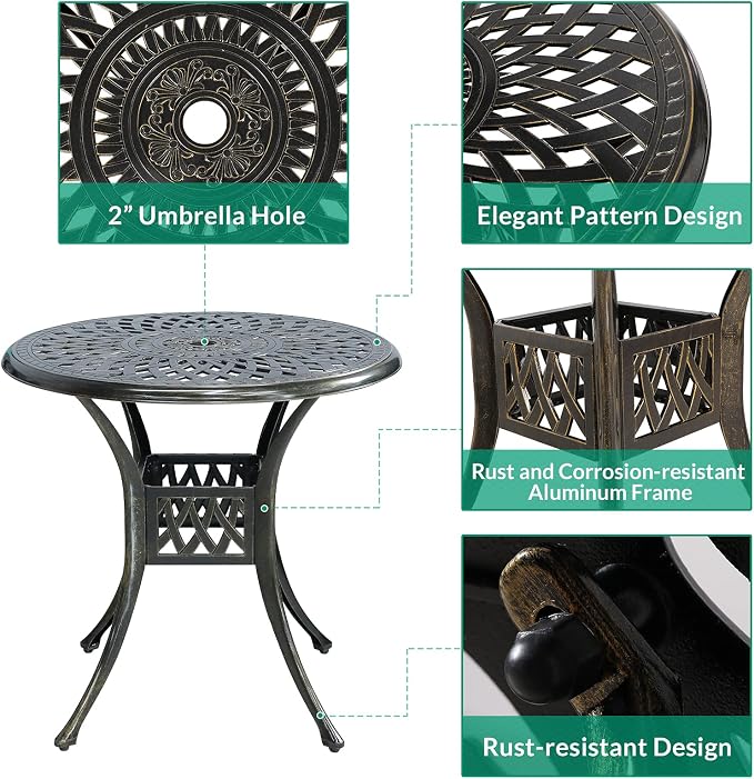 VIVIJASON 3-Piece Patio Furniture Dining Set, All-Weather Cast Aluminum Outdoor Bistro Set, Include 2 Chairs and 31" Round Table w/Umbrella Hole for Balcony, Lawn, Garden, Backyard