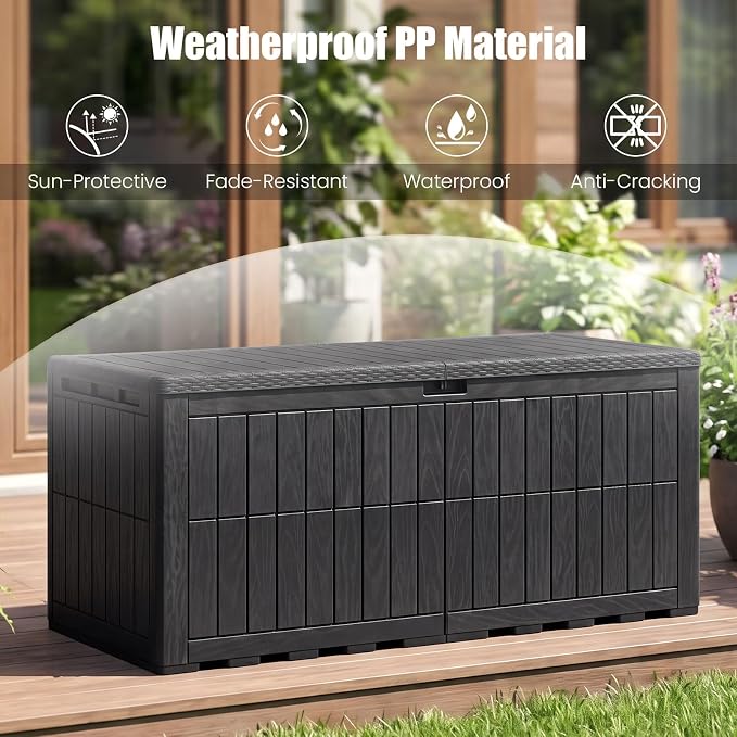 HAPPYGRILL 180 Gal Outdoor Deck Box, Lockable Storage Bin with Lid and Handles, Waterproof and Sun-Protective Patio Bench and Storage Box for Garden Tools Pool Supplies (Black, 180Gallon)