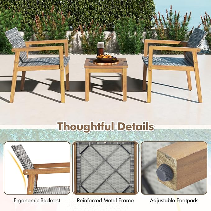 Tangkula 3 Pieces Outdoor Furniture Set, Acacia Wood Frame Sofa Set w/Rattan Seat & Back, Patio Conversation Set w/Coffee Table for Balcony, Poolside, Backyard (Mix Gray)