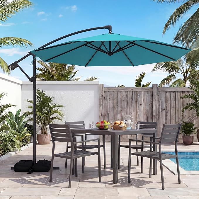 Tangkula 10ft Patio Umbrella with Base Included, Offset Cantilever Outdoor Umbrella with 360 Degree Rotation, 2 Sandbags, Crank Handle for Pool Deck Garden Backyard