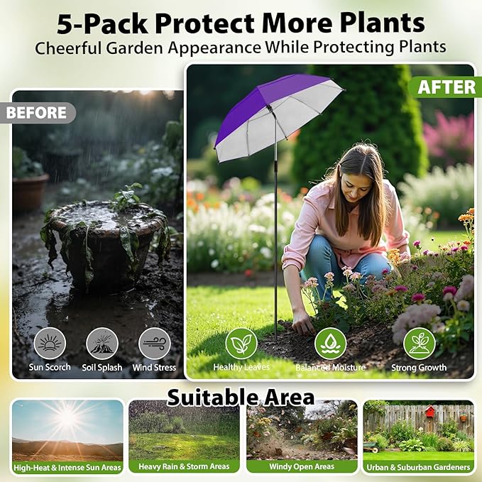 Plant Umbrellas, 5Pack 360°Adjustable Garden Umbrella for Outdoor Plants,24” Large Sun Shade for Garden Beds Potted Plants, 47.8" High Plant Shade Cover Umbrellas for Sun-Sensitive Plants