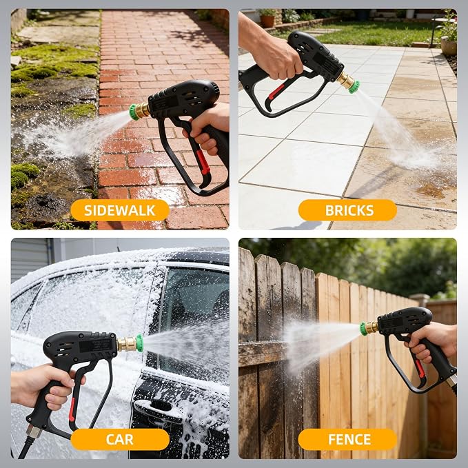 Short Pressure Washer Gun with Swivel,Stubby Pressure Washer Gun,4000 PSI Pressure Water Handle,M22 14mm/15mm & 3/8" QC Inlet,1/4" Quick Connect Outlet for Foam Cannon,Car Wash and Cleaning