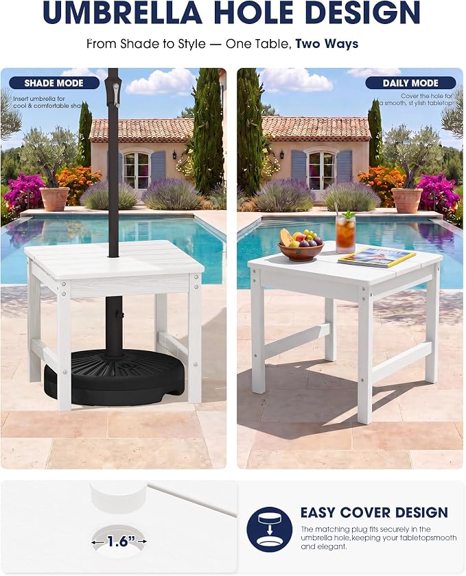KINGYES Double Side Table with 1.6'' Umbrella Hole, HDPE Adirondack End Table- White